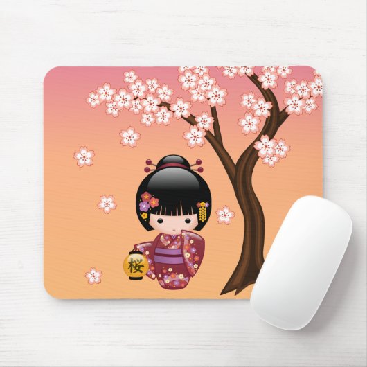 Sakura Kokeshi Doll - Geisha Girl on Peach Mousepad (Mit Mouse)