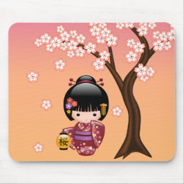 Sakura Kokeshi Doll - Geisha Girl on Peach Mousepad