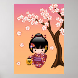 Sakura Kokeshi Doll - Geisha Girl on Peach Poster