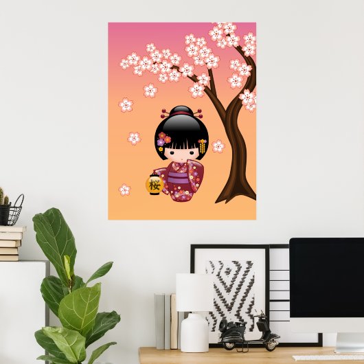 Sakura Kokeshi Doll - Geisha Girl on Peach Poster (Heimbüro)