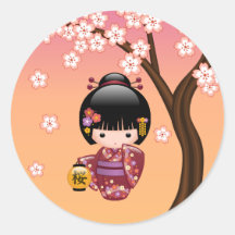 Sakura Kokeshi Doll Geisha Girl on Peach