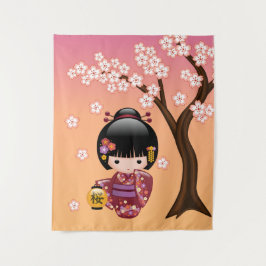 Sakura Kokeshi Doll - Geisha Girl on Peach Wandteppich