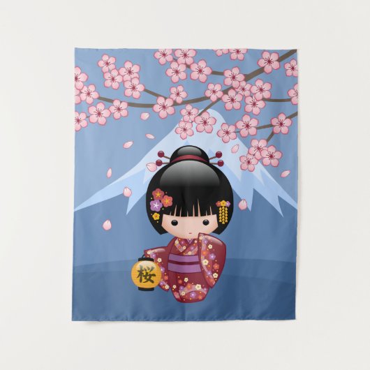 Sakura Kokeshi Doll - Niedliches japanisches Geish Wandteppich (Vorderseite)