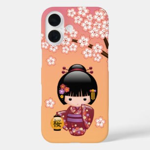 Sakura Kokeshi-Puppe Geisha-Mädchen auf Orange iPhone 16 Hülle