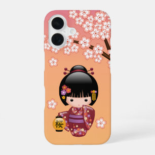 Sakura Kokeshi-Puppe - Geisha-Mädchen auf Pfirsich iPhone 16 Hülle
