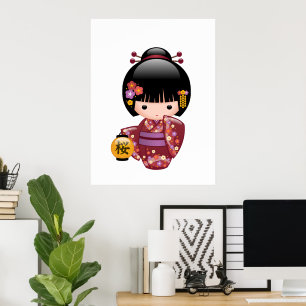 Sakura Kokeshi-Puppe - Geisha-Mädchen auf Pfirsich Poster