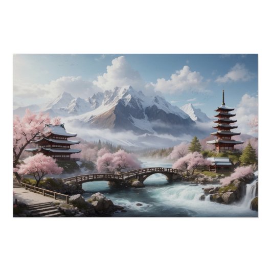Sakura Malerei mit Pagode und Fluss Poster (Vorderseite)