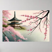 Sakura-Malerei Rosa Japanisch Pagode Gebäude nebel Poster (Vorne)