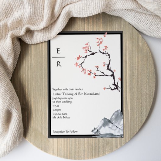 Sakura Mountain | Lässiges Monogramm Bd Wedding Einladung