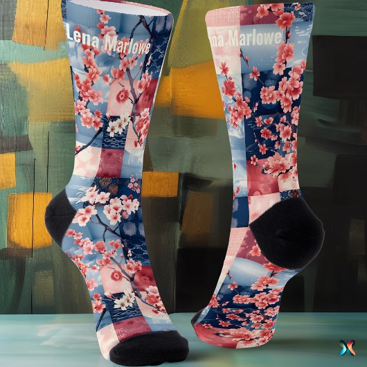 Sakura Patchwork Socken mit Blau und Rosa Elegante