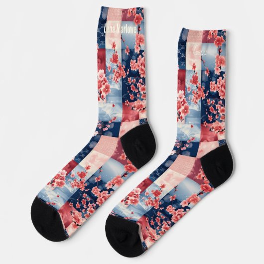 Sakura Patchwork Socken mit Blau und Rosa Elegante (Linkes Detail)