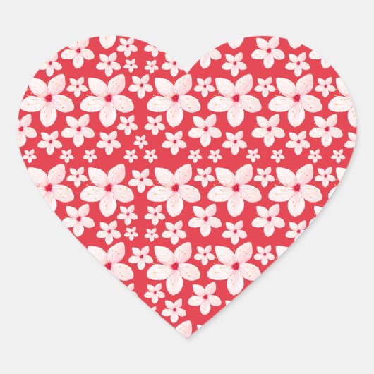 Sakura Rosa Blume Nahtloses Muster Roter Hintergru Herz-Aufkleber (Vorderseite)