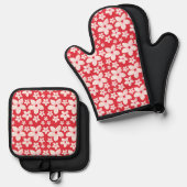Sakura Rosa Blume Nahtloses Muster Roter Hintergru Ofenhandschuh & Topflappen-Set (Vorderseite/Rückseite)