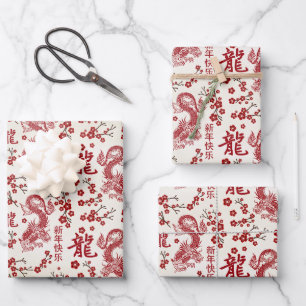 Sakura Tree Blossom und Symbol des Drachen Geschenkpapier Set