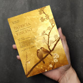 Sakura und liebende Vögel auf GOLD Hochzeit Einladung