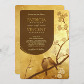 Sakura und liebende Vögel auf GOLD Hochzeit Einladung (Vorne/Hinten)