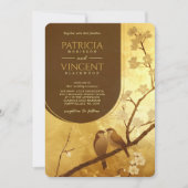 Sakura und liebende Vögel auf GOLD Hochzeit Einladung (Vorderseite)