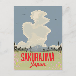 Sakurajima Japan Retro-Reise-Poster. Einladungspostkarte