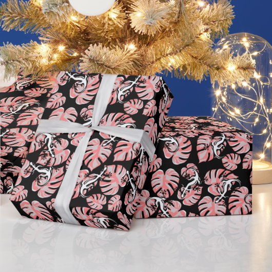 Salamander und rosa Blätter, wiederholt Muster Geschenkpapier (Feiertage)