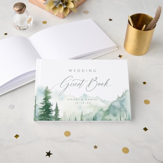 Salbei-Aquarell-Bergwald-Rustical-Hochzeit Gästebuch (Vorderseite Offen)