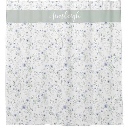 Salbei Blau Aquarell Wildblumen Monogramm Name Duschvorhang (Vorderseite)