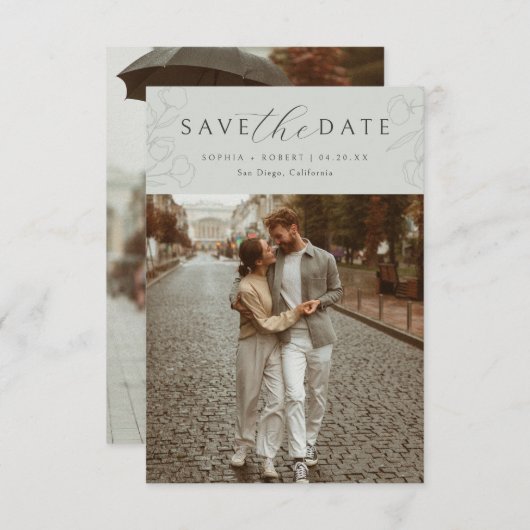 Salbei | Einfaches Calligraphy Floral Wedding Foto Save The Date (Vorne/Hinten)