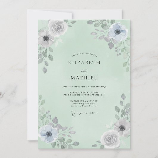 Salbei-Grau-Anemonen-Hochzeit Einladung (Vorderseite)