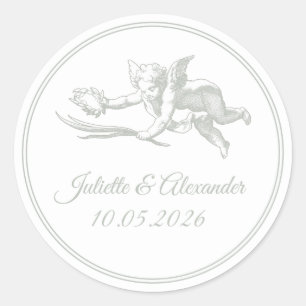 Salbei-Grau Toile de Jouy Cupid Runde Aufkleber