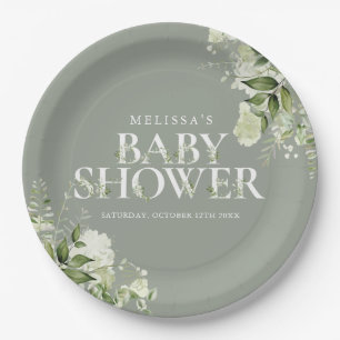 Salbei-Grün-Blumen-Geschlechtsneutrale Babyparty Pappteller