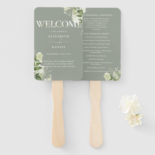 Salbei-Grün-Blumen-Typografie-Hochzeitsprogramm Fächer (Vorne und Hinten)