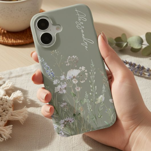 Salbei-Grün Boho-Aquarell-Wildblumen iPhone 16 Hülle