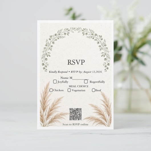 Salbei-Grün Boho Eukalyptus Pampas Gras QR-Code RS RSVP Karte (Stehend Vorderseite)
