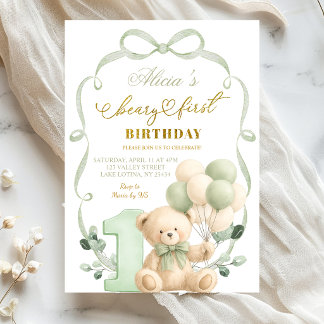 Salbei-Grün-Bowle-Coquette-Beary-Erster-Geburtstag Einladung
