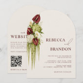 Salbei-Grün & Burgunderrot Floral QR-Code Bogen Ho Einladung (Vorne/Hinten)