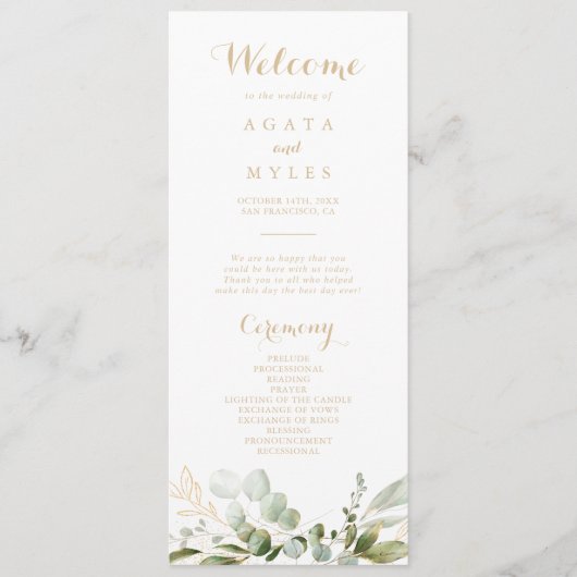 Salbei-Grün-Eukalyptus-Gold-Hochzeitsprogramm Programm (Vorderseite)