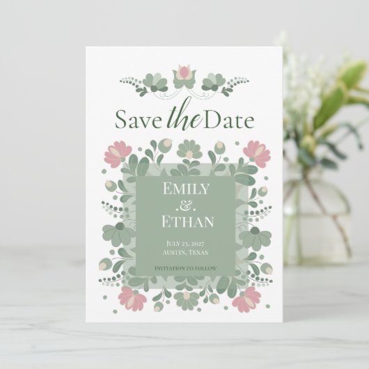 Salbei-Grün-Folk-Wildblumen-Save-the-Date Save The Date (Stehend Vorderseite)