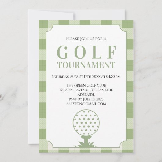 Salbei-Grün-Gingham-Golfturnier Einladung (Vorderseite)