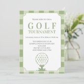 Salbei-Grün-Gingham-Golfturnier Einladung (Stehend Vorderseite)