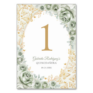 Salbei-Grün-Gold-Blumen-Quinceanera Tischnummer