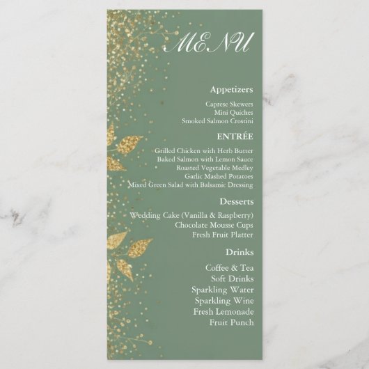 Salbei-Grün-Gold-Botanisches-Hochzeitsempfangsmenü Menükarte (Vorderseite)