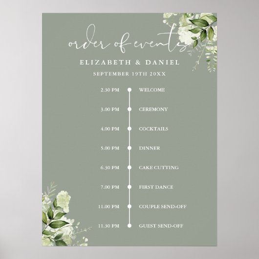 Salbei-Grün-Hochzeitsablauf-Schild Poster (Vorne)