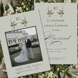 Salbei-Grün Olivenzweig-Monogramm Foto-Hochzeit Save The Date