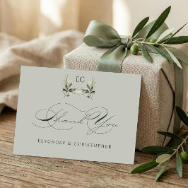 Salbei-Grün-Olivenzweig-Monogramm-Hochzeit Dankeskarte