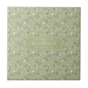 Salbei Grün Rosa Weiße Blumen Florales Boho Muster Fliese