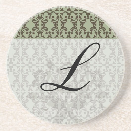 Salbei, grün und braun, verziertes Damastmuster Sandstein Untersetzer (Vorne)