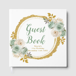 Salbei Grün und Gold Elegante Blumen Geburtstagsfe Gästebuch