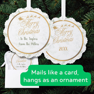 Salbei-Grün und Gold Toile Frohe Weihnachten Ornament Karte