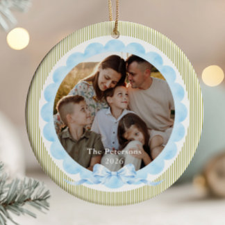 Salbei-Grün und Hellblau Weihnachtsfoto Keramik Ornament