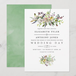 Salbei-Grün und Wasserfarben-Hochzeit mit floralen Einladung