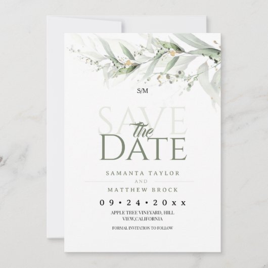 Salbei-Grün-Wasserfarben-Blumenhochzeit Save The Date (Vorderseite)